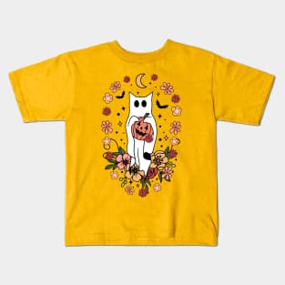 Cottagecore Boho Hippie Ghost Cat with Flowers Kids T-Shirt